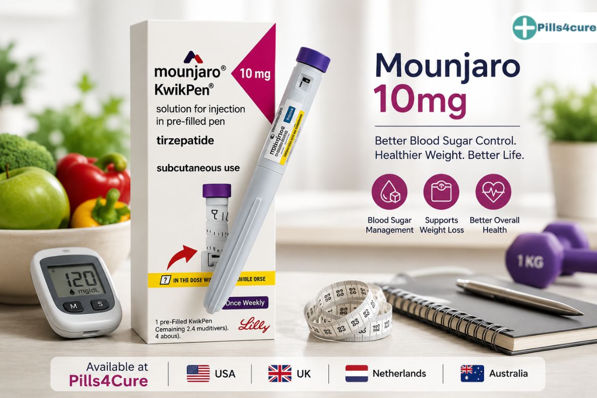 Mounjaro 10mg KwikPen for type 2 diabetes and weight management with healthy lifestyle items, available online at Pills4Cure for USA, UK, Netherlands, and Australia.